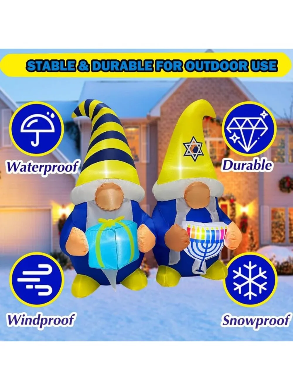 4FT Inflatable Hanukkah Gnomes with Menorah & Gift Box - LED Outdoor Decor